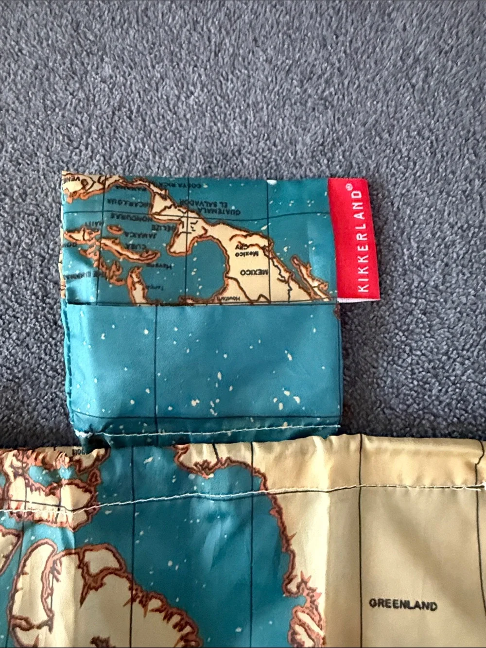 Foldable Map Print Reusable Travel Tote in Teal and Beige Kikkerland